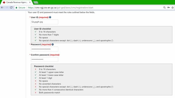 Canada Revenue Agency dumb password rule screenshot